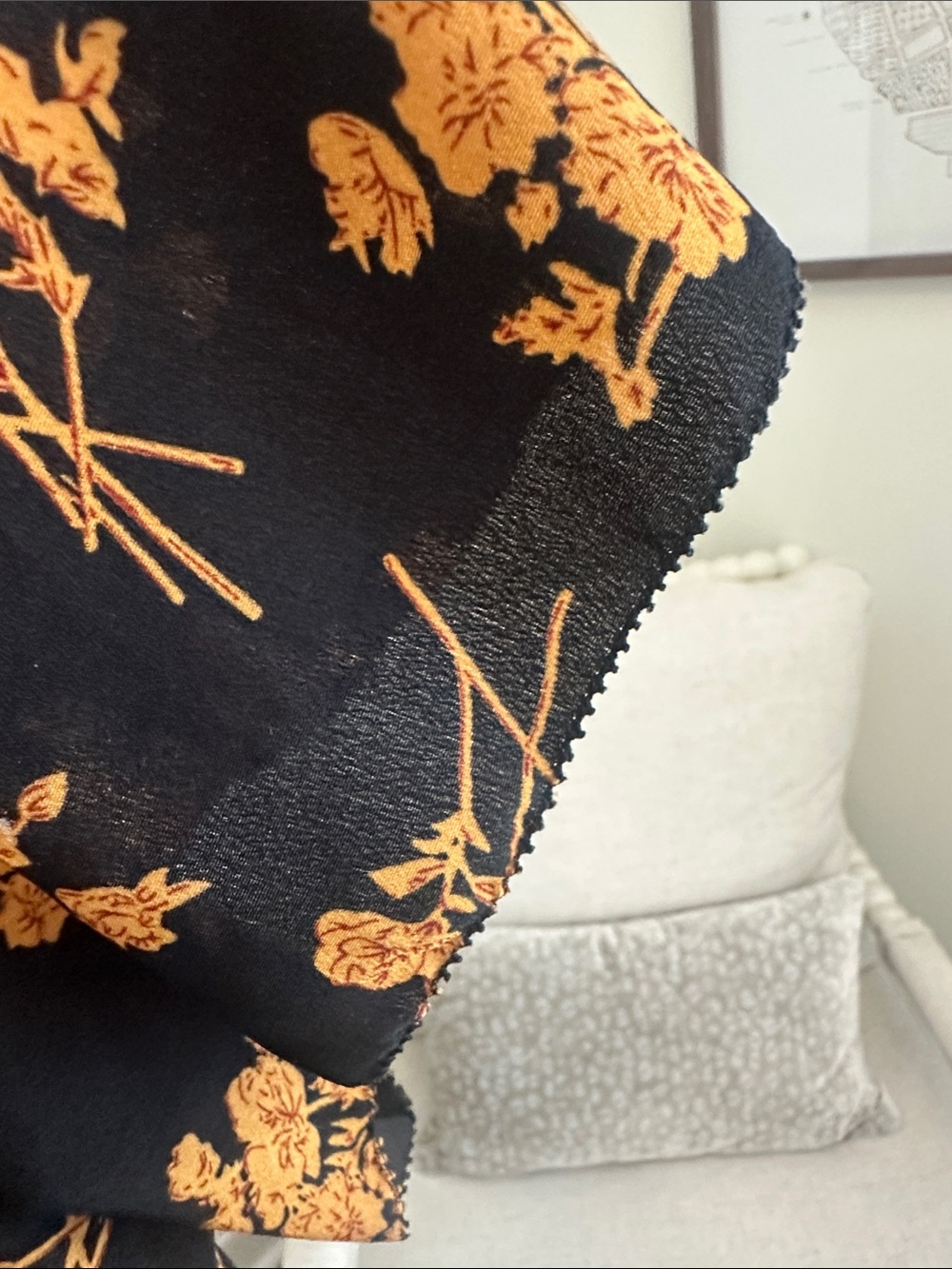 THML Black Blouse with Mustard Floral Print and Ruffled Neck - Picture 4 of 7